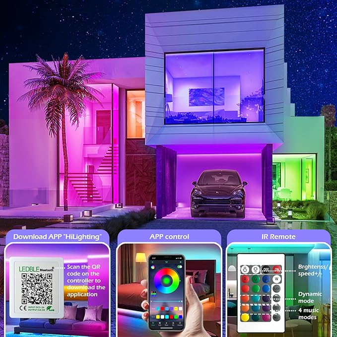 100ft Led Strip Lights,Long Smart Led Light Strips Music Sync 5050 RGB Color Changing Rope Lights,Bluetooth APP/IR Remote/Switch Box Control Led Lights for Bedroom,Home Decoration,Party,Festival