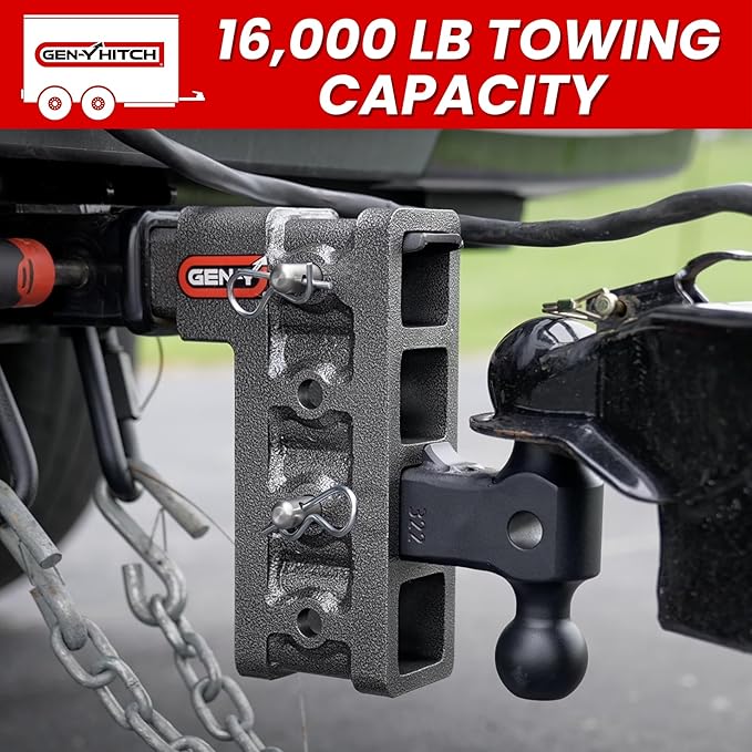 GEN-Y Hitch Adjustable Trailer Hitch for 2-Inch Receiver - 7.5" Drop, 16000 lbs Towing, 2000 lbs Tongue Weight, Includes Dual Ball-Mount Attachment (2 5/16" & 2"), Pintle Lock, 2 Stainless Steel Pins