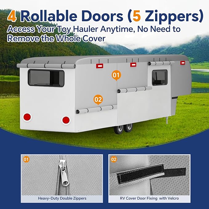 Heavy Duty 7 Layers 5th Wheel RV Cover, Camper Cover & Travel Trailer Cover 40-44ft, Waterproof Windproof All-Weather Protection with Gutter & Tongue Jack Covers Reinforced Straps - Red