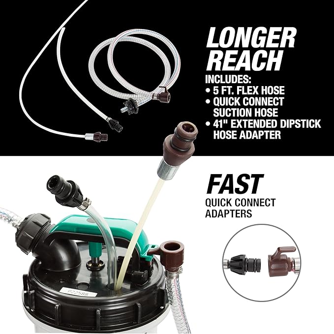 OEMTOOLS 24938 Pneumatic/Manual Fluid Extractor, 2.5 Gallon (9.5L) Oil Extractor Pump, for Coolant, Transmission, and Power Steering Fluid, 2 Dipstick Adapters, 5ft Hose