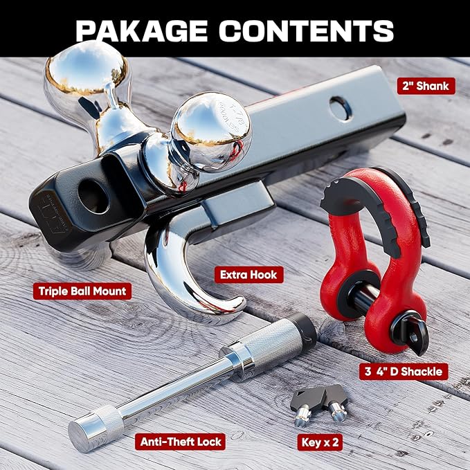 Ayleid Trailer Hitch Tri-Ball Mount with Hook&Pin&Rotatable Tow Shackle,Fits 2-in Receiver with 1-7/8-in,2-in,2-5/16-in Hitch Ball with Anti-Theft Locking Hitch Pin