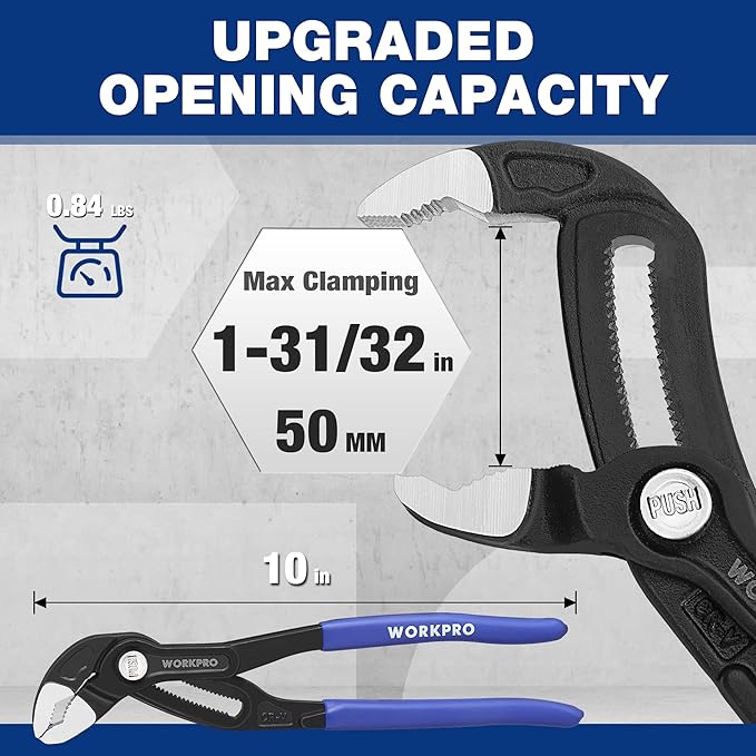 WORKPRO 10" Water Pump Pliers, V-Jaw Groove Joint Pliers, Upgraded 50mm Wide Opening, Quick Adjustable Plier for Home and Industrial Repair, CR-V Steel, Dual Serrated, Soft Grip