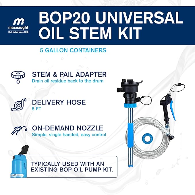 Macnaught BOP20 Battery Powered 5 Gallon Bucket Oil Transfer Pump Stem Kit. Everything Needed to Pump Oil, ATF or Coolants (5 Gallon Universal Stem Kit)