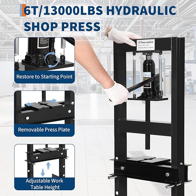 6 Ton H Frame Hydraulic Shop Press,Floor Press with Adjustable Height Stamping Plates,Built in Relief Valve for Bending Straightening Bearings u Joints Car Repair Professional Use 18.9"×15.75"×36.8"