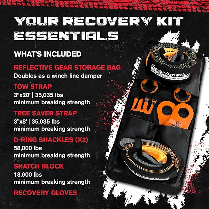 GearAmerica Off Road Recovery Kit, 9 Ton, Includes Tow Strap, Tree Saver, Snatch Block Pulley, D-Ring Shackles, Winch Line Dampener Bag, Gloves - Off Road Recovery Gear, 4x4, Orange