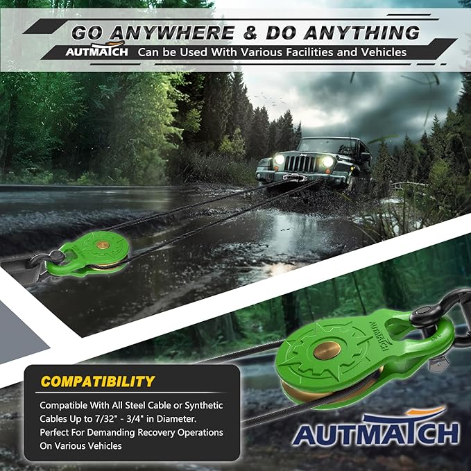AUTMATCH Winch Snatch Block 18 Ton - Winch Pulley (79,366 Lbs) Break Strength, Heavy Duty Off Road Recovery Towing Pulley Blocks for Synthetic Rope or Steel Cable, Truck, UTV, ATV, Green