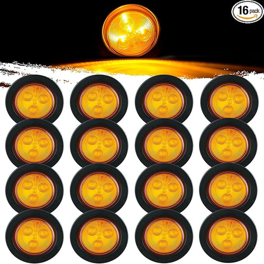 16Pcs 2" Inch Round Amber LED Trailer Side Marker Lights 4 LED, 2" Round Led Trailer Clearance Marker Lights with Grommets Wire Pigtail for Truck RV Flush Mount Waterproof Sealed