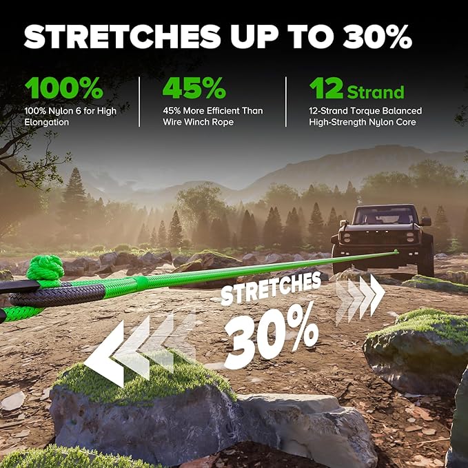 Kinetic Recovery Rope,1.26" x30ft Heavy Duty Offroad Tow Rope/60600 lbs Snatch Strap with Soft Shackles, 100% Nylon Offroad Towing Straps Kit for Truck ATV UTV SUV Jeep Car Tractor - Green