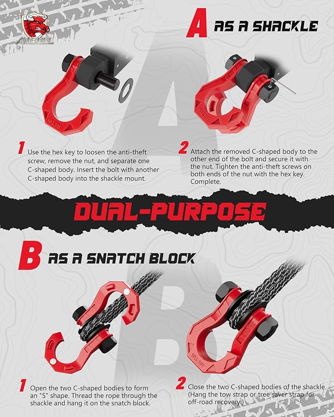D Ring Separate Shackle with Snatch Block 2 Set, 3/4" Shackles w/Snatch Block Pulley, Heavy Duty Shackle for Towing Winch, Pulley for Off-Road Vehicle Recovery, Truck, ATV, UTV, BlackRed