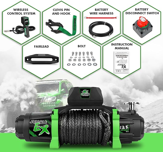 Winch 13500 lb Winch 12V Waterproof Electric Winch Synthetic Rope Winch Off Road Winches with 2 in 1 Wireless Remote for Towing Jeep Truck Off Road (Jungle EX)