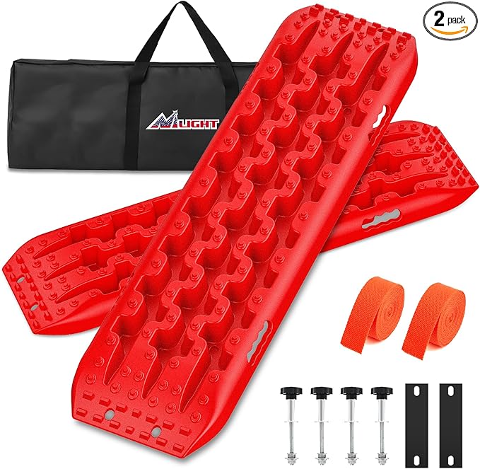 Nilight Recovery Off-road Traction Boards Emergency Tire Mats For 4WD 4X4 Mud Sand Snow with 2PCS Mounting kit Zipper Bag 2 leashes (Red)