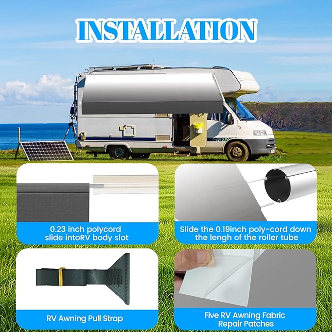 RV Awning Fabric Replacement,Camper Trailer Motorized Awning Replacement for Motorhome,Heavy Duty Weatherproof 18.5oz Outdoor Vinyl RV Canopy 17'(Fabric 16'2") Grey Fade