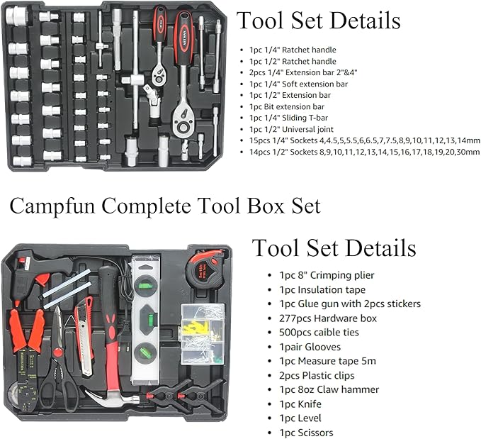 Campfun 899-Piece Household Tool Set with Complete Hand Tools, Mechanic Toolbox Set with Rolling Case, Tool Set for Home/Auto Repair, White