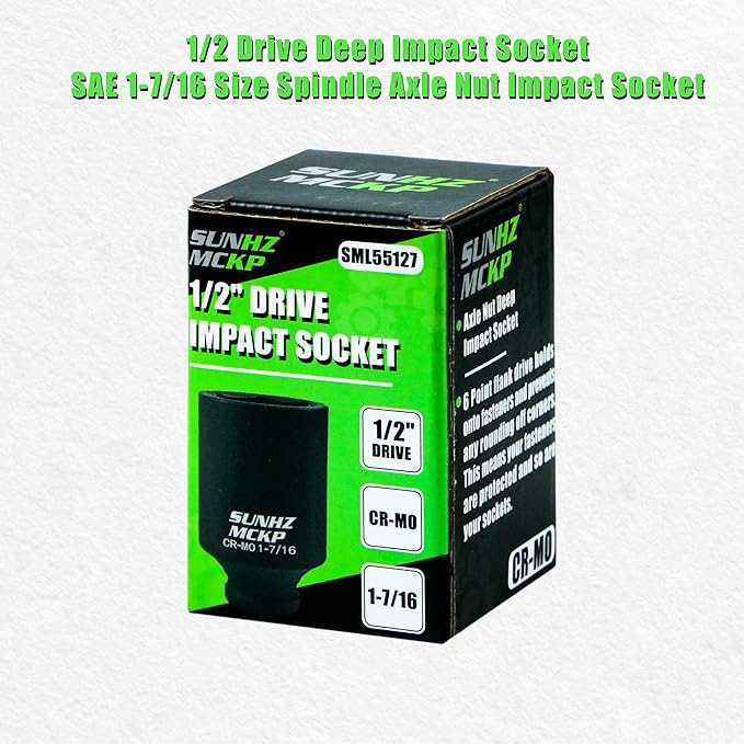 SUNHZMCKP 1/2 Impact Socket, SAE 1-7/16 In Deep 6 Point Socket, CR-MO, Axle Nut Impact Grade Socket for Easy Removal (SAE 1-7/16)