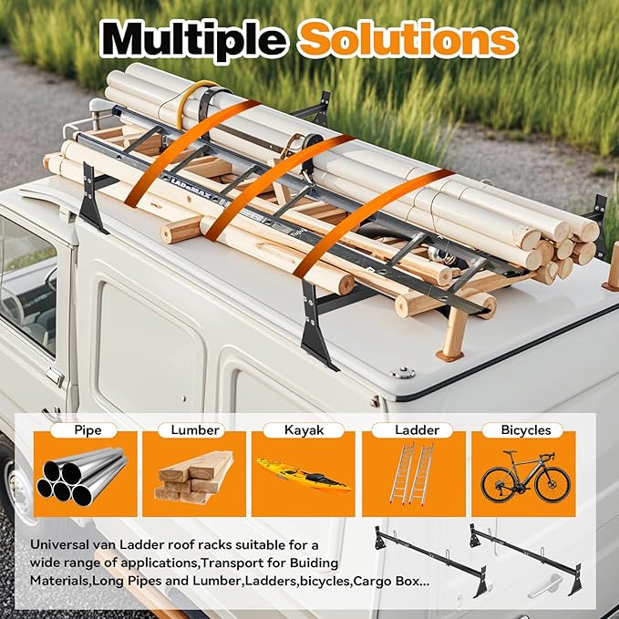 Universal Van Ladder Roof Racks, Adjustable Van Roof Ladder Racks with Cargo Roller Compatible with 1996-Up Chevy Express Fullsize and Vans with Rain Gutter,Black-2Pack