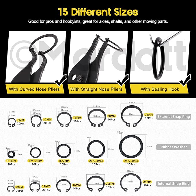 225Pcs Snap Ring Pliers Set Includes Straight & Bent Retaining Ring Pliers, 5 Sizes C-Clips External Internal Retaining Ring Set, Rubber Gaskets and Precision Hook Set for Lawnmowers
