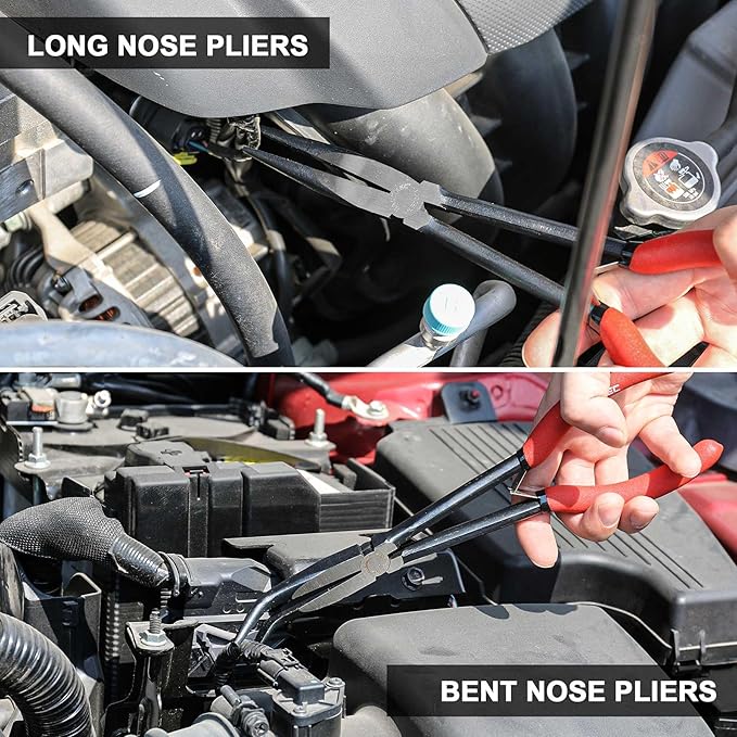 HAUTMEC 11Inch Extra Long Needle Nose Pliers Set, 5PCS Spring Loaded Heavy Duty Long Reach Pliers Include Hose Grip and Diagonal Cutting Plier, Straight and 45/90 Degree Bent Nose Pliers