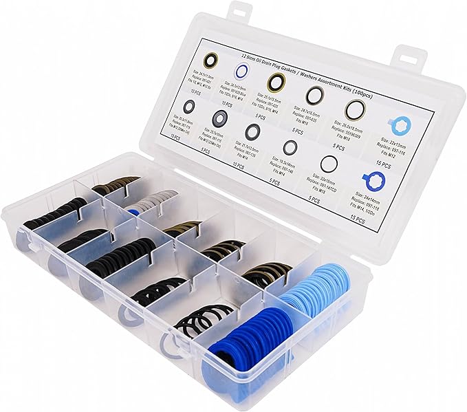 100Pcs 12 Types Metal Rubber Master Oil Drain Plug Gasket Assortment Kit Replace 097-021, 097-025, 097-035, 55196309, 097-116, 097-119, 097-115, 097-139, 097-146