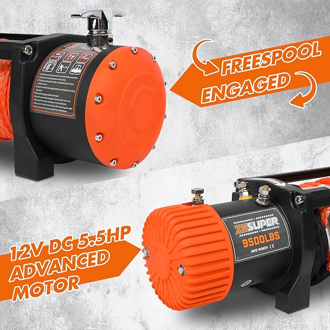 ZESUPER 9500 lb Electric Winch,12 Volt Winch with Wireless Handheld Remotes and Wired Switch,Hawse Fairlead,Hook,Synthetic Rope Waterproof IP68 Winch for Jeeps,SUV,Trailer Truck