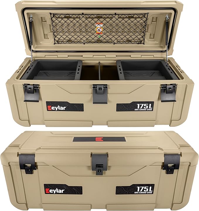 SRX-175 Overlanding Cargo Case – 175L Waterproof Storage Box for Camping, Off-Road & Truck Bed Gear – Heavy-Duty Lockable Storage with Gas Strut Lid, Stackable Design & Interior Organizer Tray (Tan)