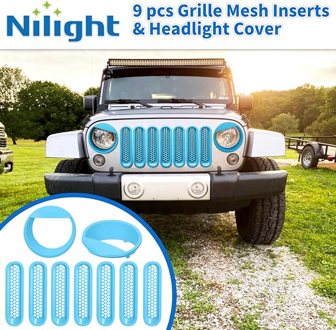 Nilight Grill Inserts fit for Jeep Wrangler Front Grille Mesh Inserts & Headlight Cover Set for JK JKU Unlimited Sports Sahara Freedom Rubicon 2007-2018 Clip-in Trim Exterior Accessories Blue 9 Pcs