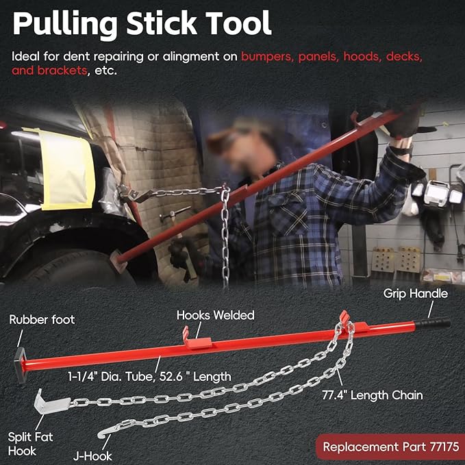Sunluway 77175 Auto Body Alignment Bar Pulling Stick Tool 52in for Car Repair Bumper Hood Panel Deck & Bracket Dent Puller Stick Alignment Repair Tool Auto Body Dent Repair Tool with Chain