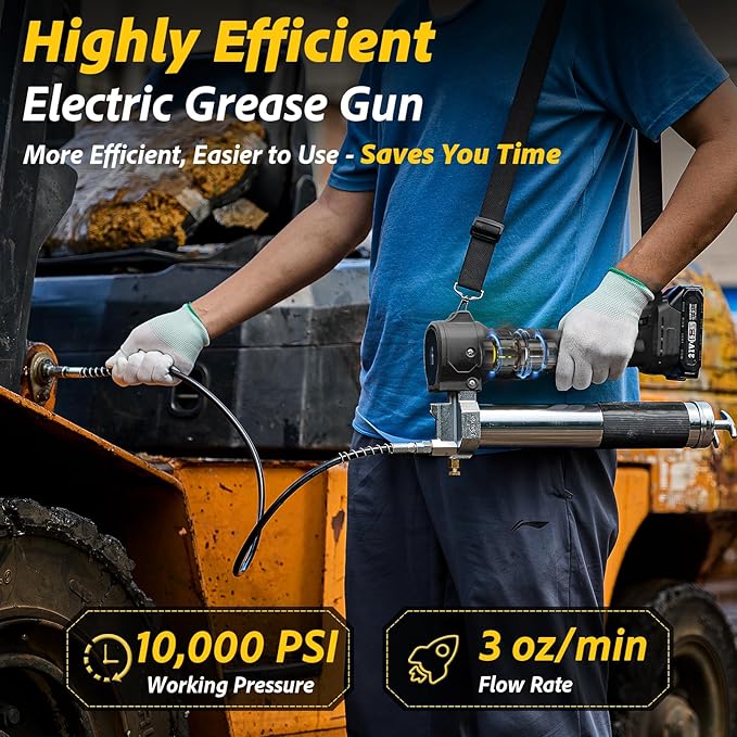 Electric Grease Gun, 10000 PSI Super Efficient Battery Powered Grease Gun Kit with 2 Batteries and Charger, 39.4" Flexible Hose, Cordless Grease Gun with Super Bright LED Light, Black