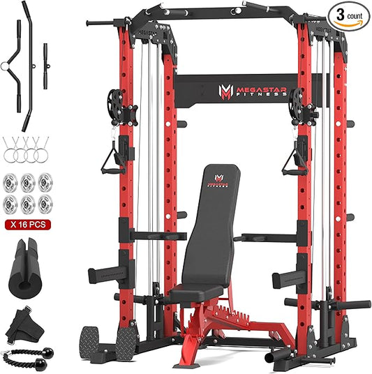 Power Rack Home Gym with Aluminum Pulley Set – 2000LB Capacity Multifunction Squat Rack with Cable Crossover, Includes 16 Professional attachments for Home Gym Strength Training, P63 Rampage