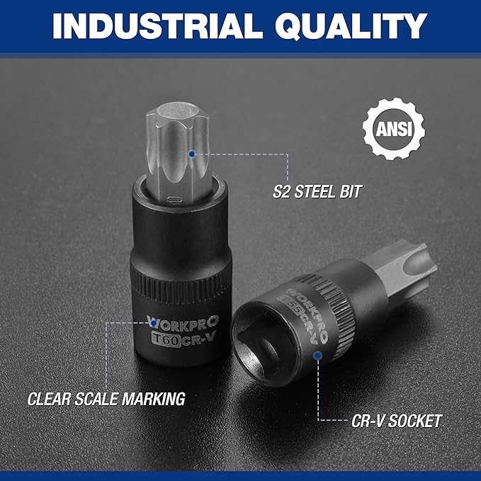 WORKPRO Torx Bit Socket Set, 1/4", 3/8" and 1/2" Drive Torx Bits 13-Piece Socket Set T8-T60, Premium S2 Steel Bits and CR-V Sockets with Storage Case