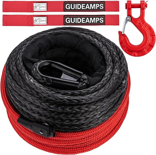 3/8" x 92ft Synthetic Winch Rope, 25,500LBS Heavy Duty Winch Cable with Protective Sleeve, Forged Winch Hook & Safety Strap for Off-Road 4x4, SUV, Jeep, Truck (Black)