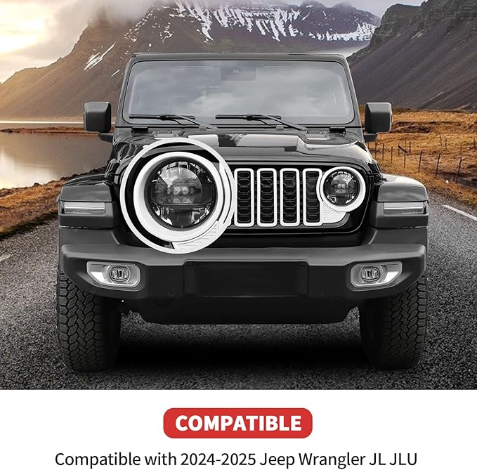 Front Grille Grill Insert+Headlight Turn Light Cover Trim Compatible with 2024-2025+ Jeep Wrangler JL JLU & Gladiator JT Exterior Accessories,Not Fit for JL Sport & Sports(White)