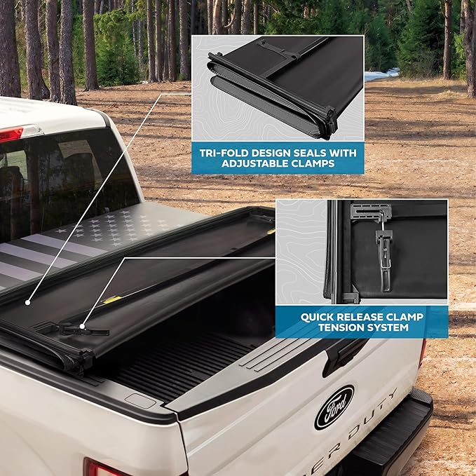 American Flag Truck Tonneau Cover for Ford F-250 F-350 Super Duty 1999-2016 / F-350 with 6.8 ft Bed Length, All-Weather Soft Tri-Fold Truck Bed Cover for Truck Black/Gray Flag