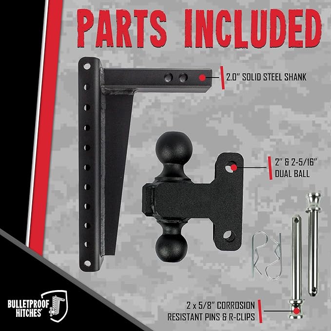 BulletProof Hitches - 2.0" Adjustable Heavy Duty Trailer Hitch (22,000 lb. Rating) - 16" Drop/Rise Trailer Hitch with 2" & 2-5/16" Dual Ball - Powder Coat, Solid Steel, Corrosion-Resistant