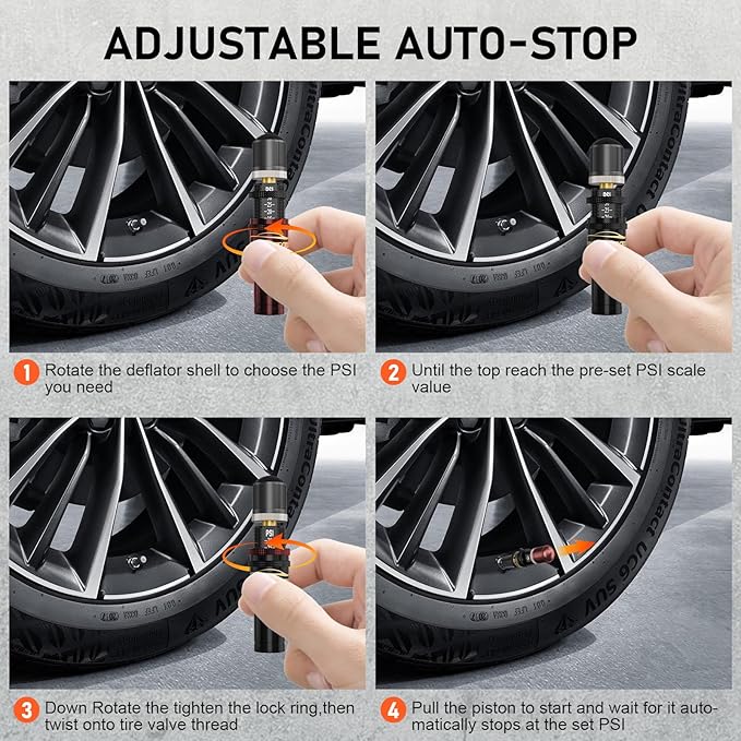 4PCS Tire Deflator(10-30 PSI),Adjustable Auto-Stop Tire Deflators Offroad Accessories,Air Down Tire Deflators 4x4,Screw-on Air Down Tire Tool for Trucks,Motorcycle,Jeep
