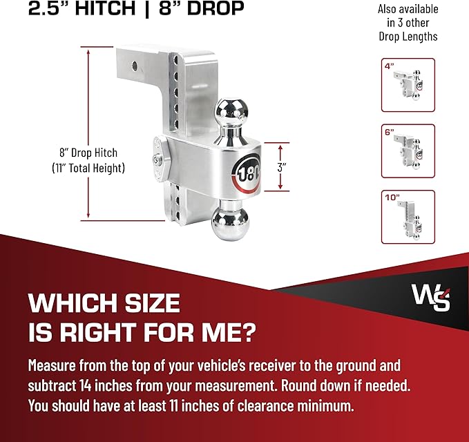 Weigh Safe 180-Degree Trailer Hitch - Adjustable Trailer Hitch for Towing - Compatible with 2.5" Receivers - 8" Drop, Chrome-Plated Tow Balls, 12,500 GTW, 2-Piece Lock Set