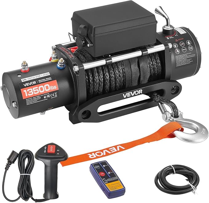 VEVOR Electric Winch, 13500 lbs Load Capacity, 12V DC Truck Winch with Φ3/8 in x 85 ft Synthetic Rope, Wireless & Wired Remote Control, IP55 Waterproof for Towing Off-Road SUV Jeep Trailer Boat