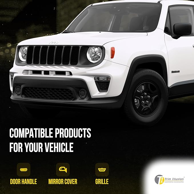 Gloss Black Chrome Delete Front Grille | Car Grille Cover | Grille Insert | Trim Overlay | Compatible with 2019-2023 Jeep Renegade | ABS6503BLK