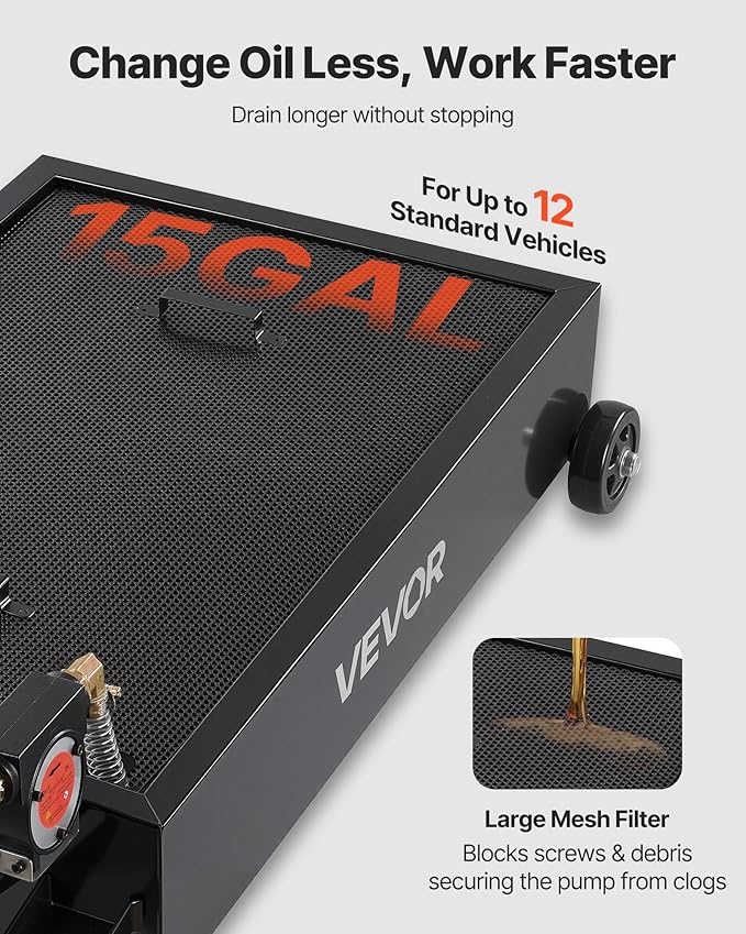 VEVOR Low Profile Oil Drain Pan, 15 Gallon Capacity, Rolling Oil Drain Pan with Electric Pump & 7.2 ft Hose, Leak-Proof & Corrosion-Resistant, Fit for Cars, SUVs, Trucks, Motorcycles, ATVs, Metal