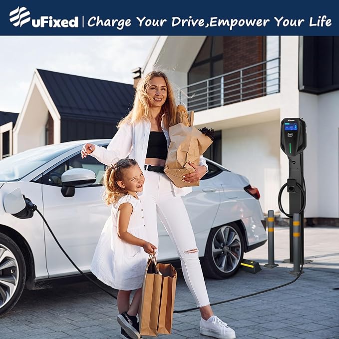 240V Level 2 EV Charger with LED Screen, 32A Fast Charging Station, Hardwired Electric Vehicle Charger for Tesla & J1772 Cars, Indoor/Outdoor Use