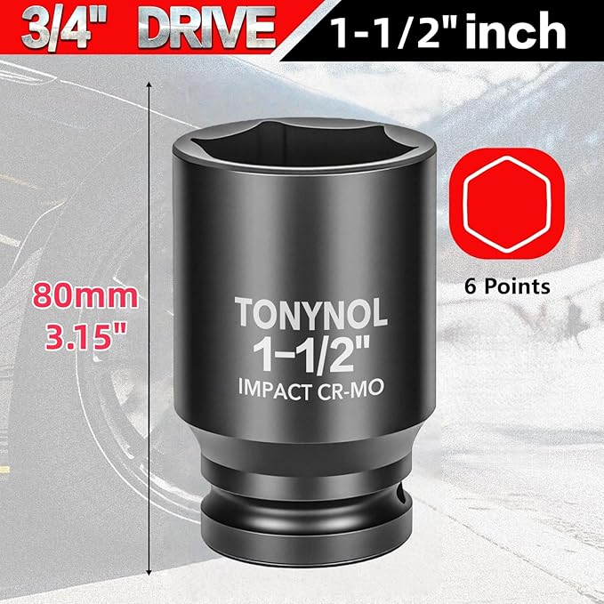 3/4" Inch Drive Deep Impact Socket,6-Point,SAE 1-1/2",80mmL,CR-MO,Heavy-Duty Automotive & Industrial Repair