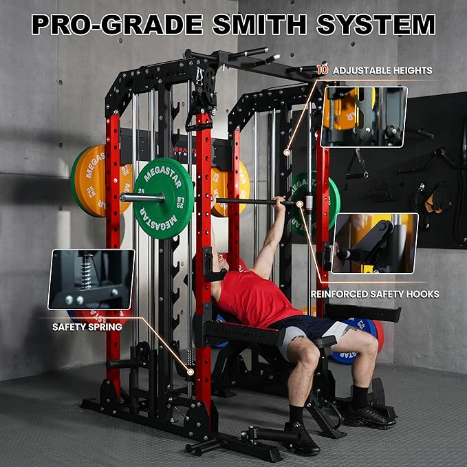 Smith Machine for Home Gym - 2000lbs Capacity All-in-One Power Rack with Cable Crossover, Pull-Up Bar & Dip Station, Includes 18 Attachments, P107 Anvil