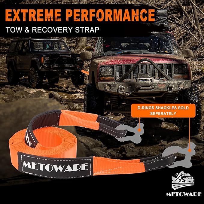 METOWARE Tow Strap 3'' × 30ft Recovery Strap, Heavy Duty Tow Straps with 35,000 lb Capacity, Triple Reinforced Loop Straps, Emergency Off Road Towing Rope, Extreme Water-Resistant (Orange)