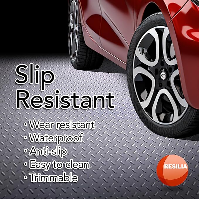 RESILIA Heavy Duty Garage Floor Runner & Protector Mat - Slip Resistant Diamond Plate PVC Mats - Water, Spill, & Stain Resistant, Silver (4 feet x 8 feet)