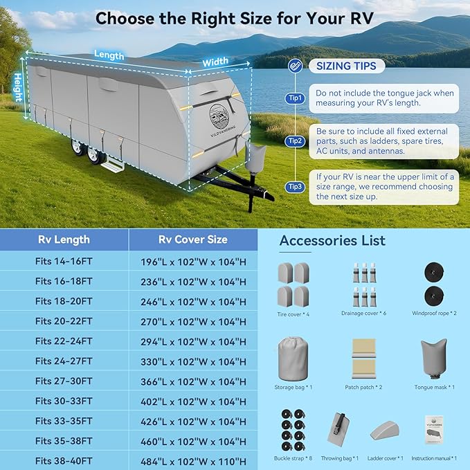 Heavy Duty Travel Trailer RV Cover 16-18ft, 8 Layers Breathable Waterproof Rip-Stop Camper Cover with Adhesive Repair Patches, Gutter, Tire & Additional Straps