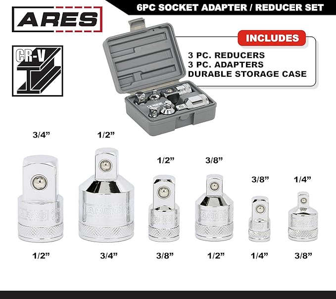 ARES 36017 – 6-Piece Socket Adapter Set – 1/4-Inch, 3/8-Inch, 1/2-Inch, and 3/4-Inch Socket Adapters and Reducers – Premium Chrome Vanadium Construction Meets or Exceeds ANSI Standards