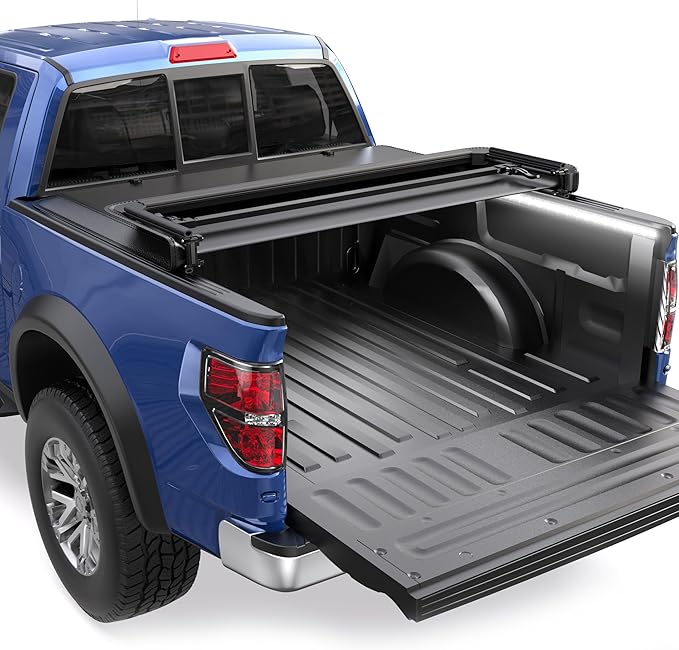 Tri 3-Fold 5.5 FT Soft Folding Truck Bed Tonneau Cover On Top Compatible with 2015-2025 Ford F150 F-150 Bed 3 Fold Styleside w/LED Light Strip
