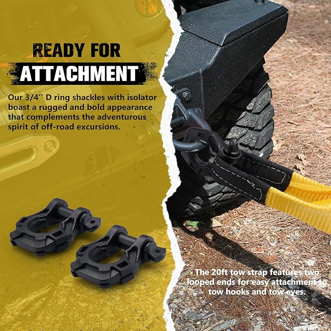 BUNKER INDUST Heavy Duty Tow Strap Recovery Kit, 3" x 20ft Recovery Straps + Pair 3/4 D Ring Shackles + Bag 35,000 lbs Tree Saver Winch Strap - Emergency Vehicle Off Road Towing Rope