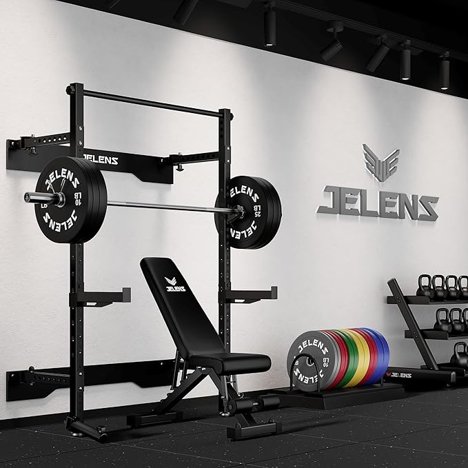Folding Squat Rack, Wall Mounted Power Rack for Home Gym, Space Saving Multi-Functional Power Cage with Attachments