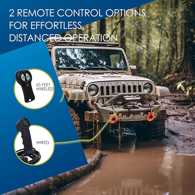 POLESTAR Winch 13,000lb Electric Winch Synthetic Rope 3/8" Diameter, 12V 6.0HP Truck Winch with Wireless Handheld Remote and Corded Control Recovery, IP68 Waterproof for Jeep, SUV, Truck & Trailer