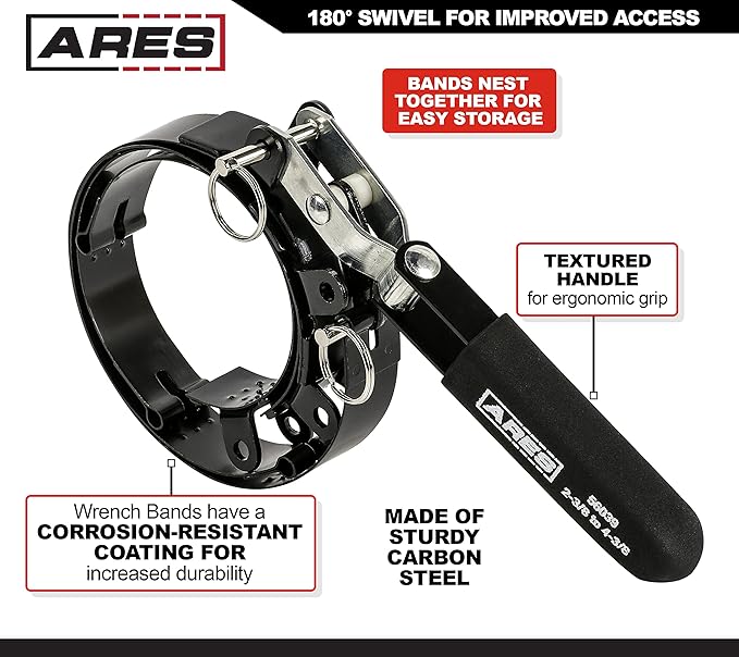 ARES 56039 – 4-in-1 Swivel Oil Filter Wrench – 2 3/8-Inch to 4 3/8-Inch (60mm to 111mm) Capacity – 180-Degree Swivel for Improved Access – Automatically Tightens on Filter